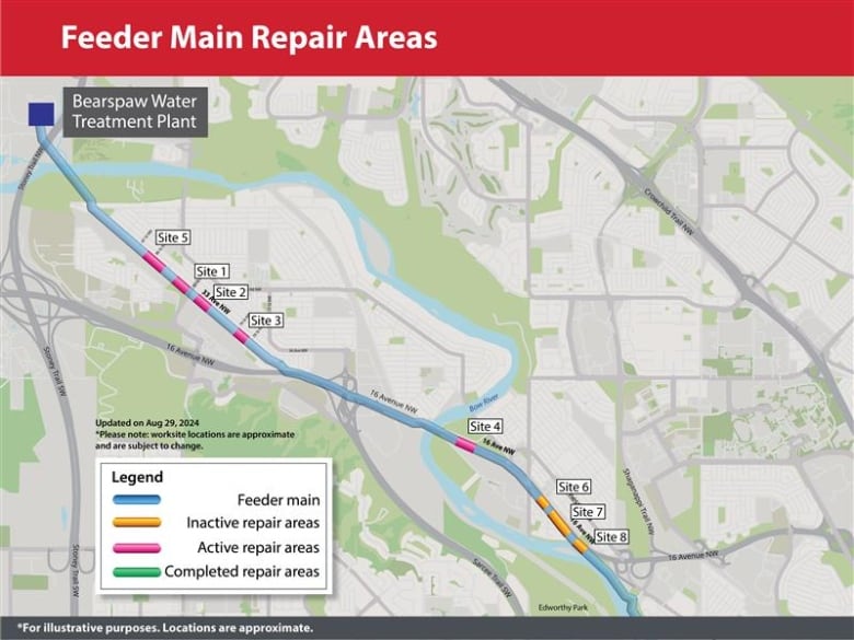 A map detailing the areas of 33rd Avenue N.W. and 16th Avenue N.W. that the city is working on to repairs broken sections of its water system.