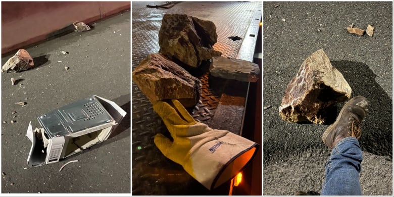 Image of a broken microwave on road. Image of three large rocks next to a glove and image of a foot next to a large boulder. 