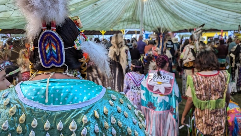 people in colourful cultural regalia stand in lines