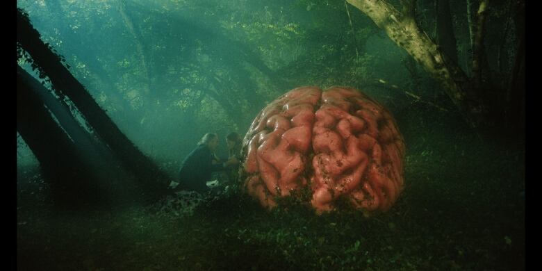 A still from a movie shows two people in a forest crouching next to a giant brain.