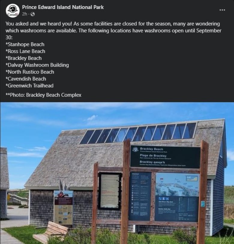 Social media post listing open beach washrooms on P.E.I.'s North Shore, with a photo of a wooden building near a sand dune. 