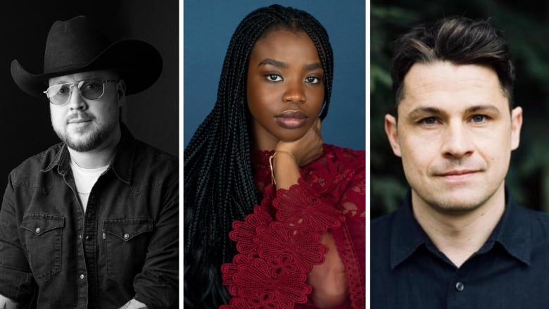 Collage of side by side photos from left to right of a man wearing a cowboy hat and sunglasses in black and white, a Black woman with long braided hair swept to the side wearing a red lace top and a white man with short hair looking straight at the camera