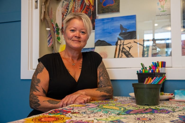 A person is seen sitting at a table with colourful writing utensils.