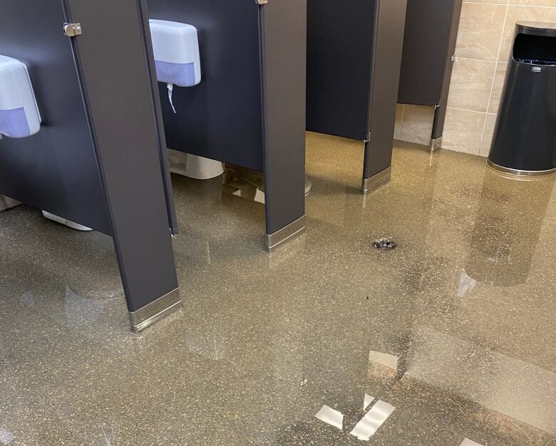 A photo of a bathroom where the floor is covered in about an inch of water.