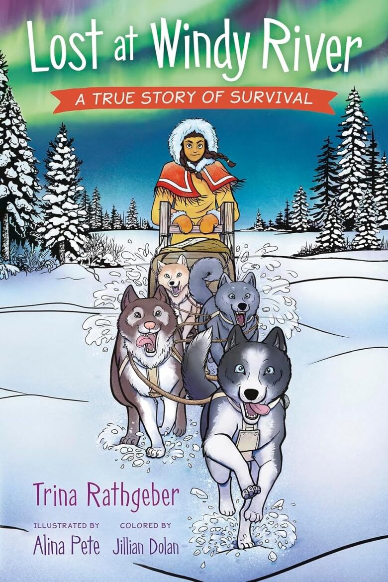 An illustrated book cover featuring a young Indigenous girl on a dog sled. 