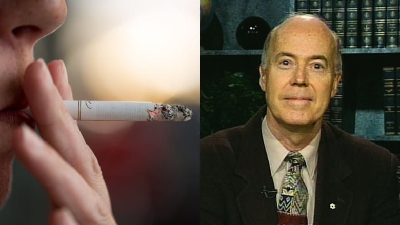 Two images: close up of mouth smoking a cigarette, man in suit with books behind him