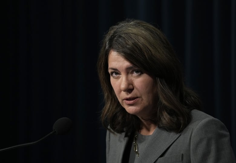 A woman in a gray suit looks into the camera.