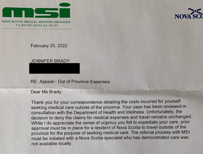 A letter is shown with MSI letterhead addressed to Jennifer Brady. It says the decision to deny claims for medical expenses remains unchanged. 