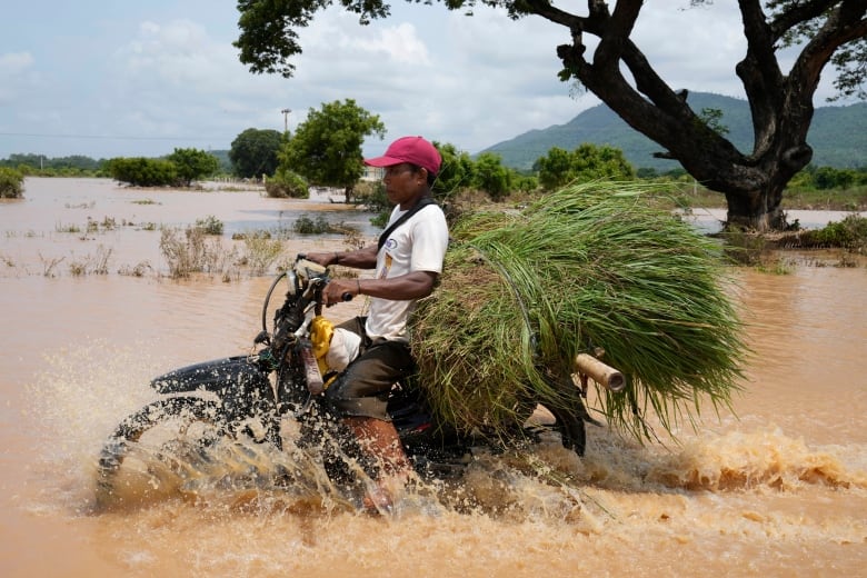 A local resident drives a motorbike along a flooded road. 