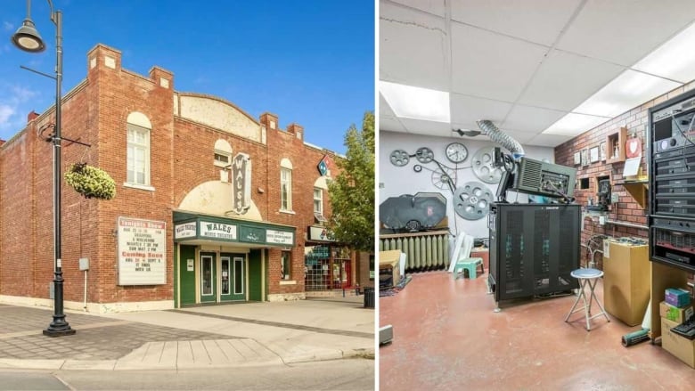 two images, side by side. one image shows the exterior of a brick building, the other shows a movie projection room.