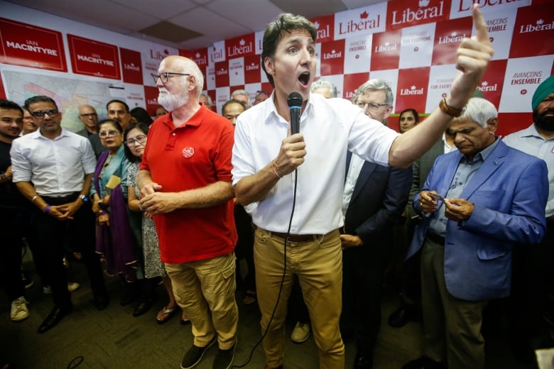 Prime Minister Justin Trudeau speaks at a rally for byelection candidate Ian MacIntyre in Winnipeg, Manitoba Wednesday, August 28, 2024.