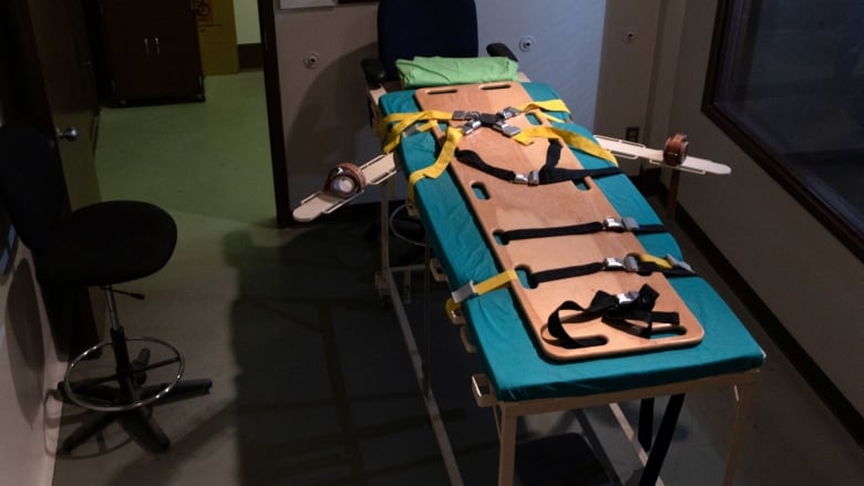 A table like seen in medical facilities is shown with a wooden board and several straps across it.