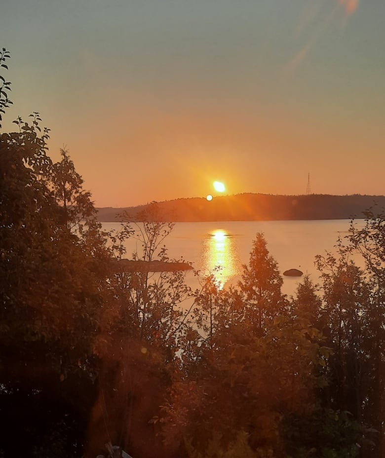 The sun rises over a river lined by trees.