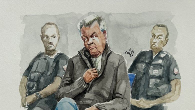 A courtroom sketch of an older man