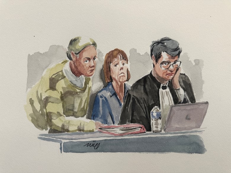 A courtroom sketch of an older woman, a lawyer, and a younger woman