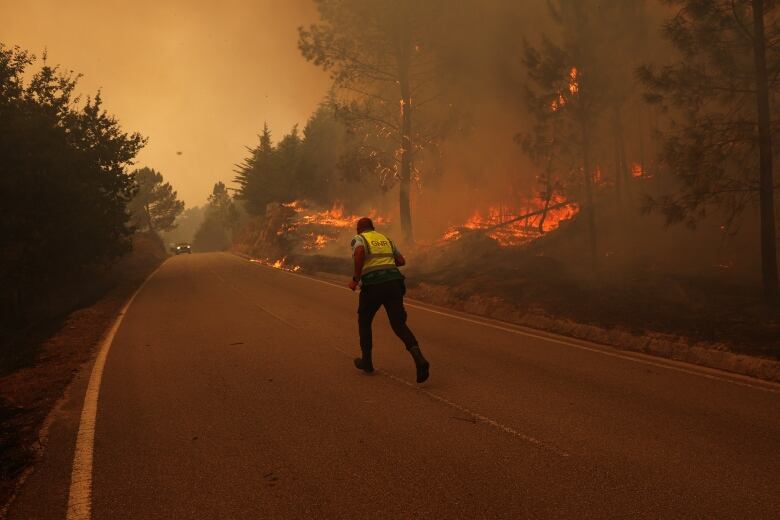 A police officer is seen running on a road surrounded by a wildfire in Sao Pedro do Sul, Portugal.