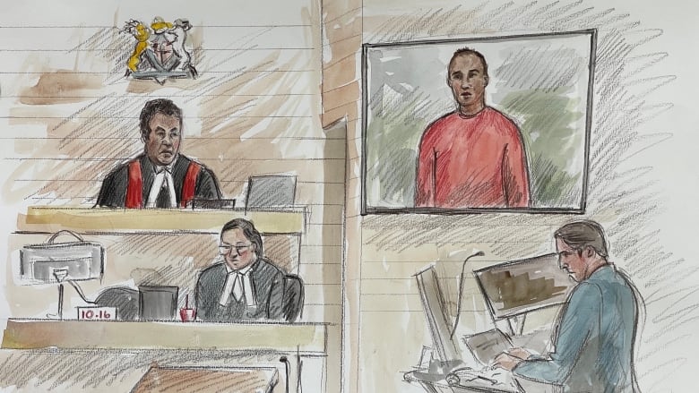 A composite artist's sketch of the judge, the clerk, a lawyer and a man in a red T-shirt appearing on screen via video link.