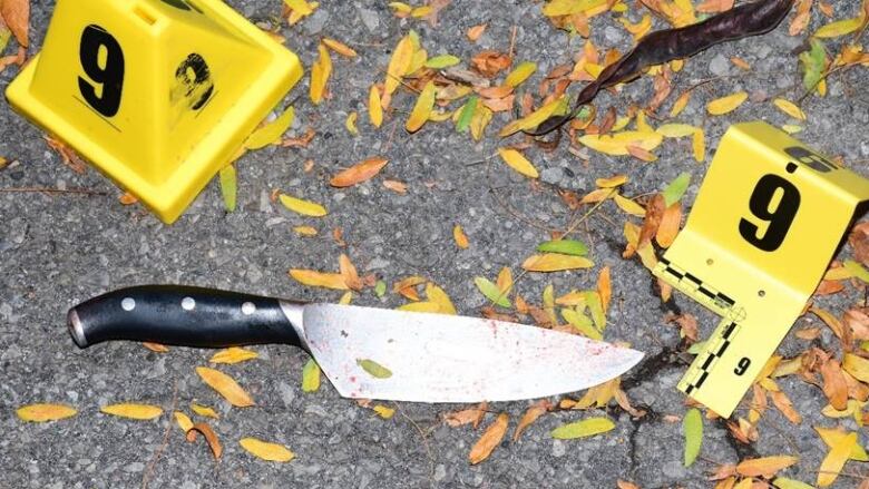 Large kitchen knife on pavement with yellow evidence markers from police and fallen leaves on the ground.