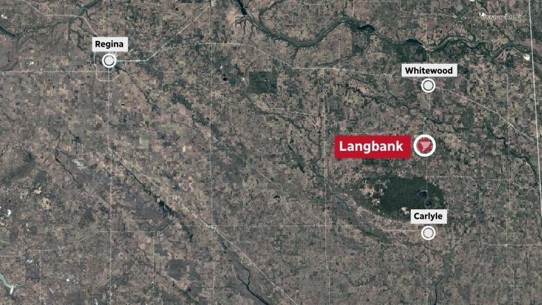 A map of a portion of Saskatchewan highlighting Langbank, which is southeast of Regina.