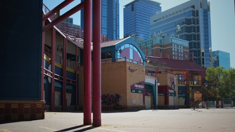 A boarded up mall.