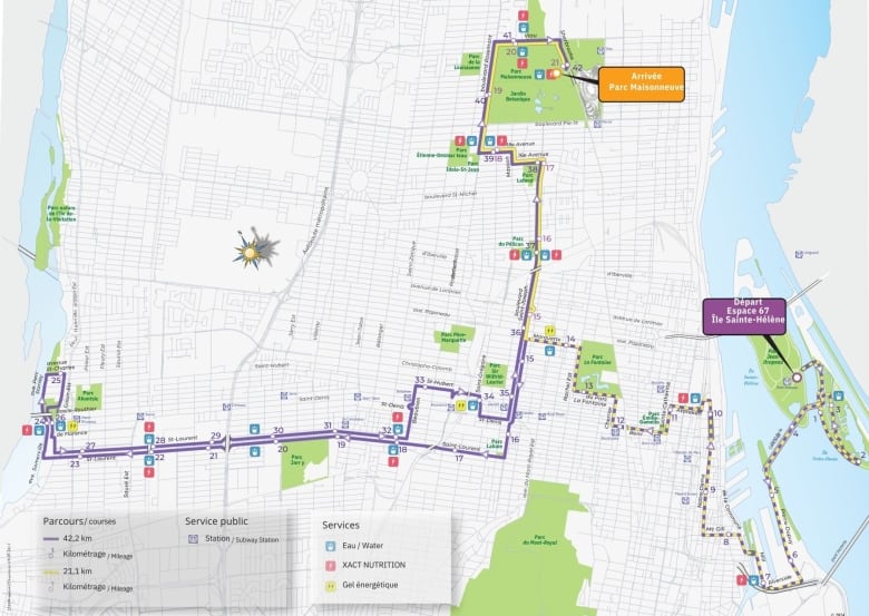 a digital map of part of Montreal, showing the race course for the half and full marathons