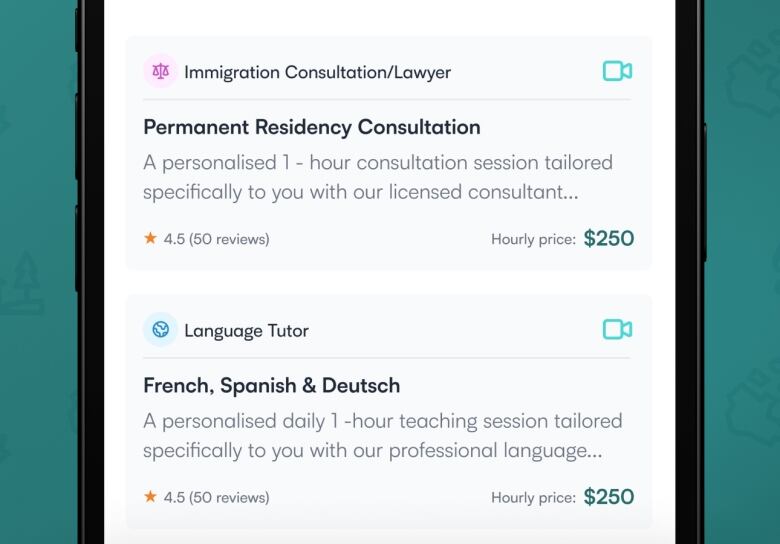 A picture of the UpRow app open on a phone, featuring a list of services including an immigration consultant and lawyer, and a language tutor with their prices.