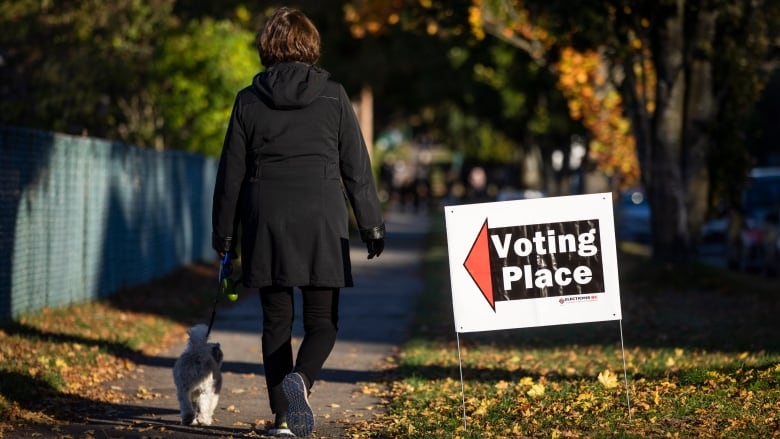 A person walks past a sign that points left and reads 'Voting Place'.