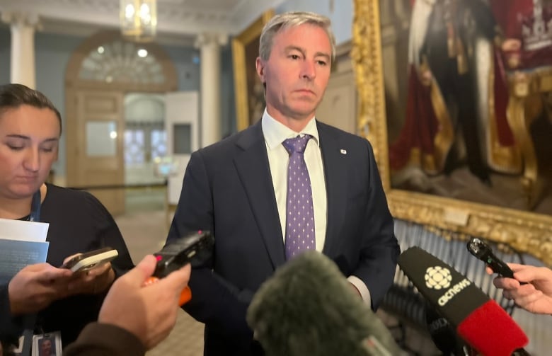 A man in a suit and tie with white hair stands in front of microphones.