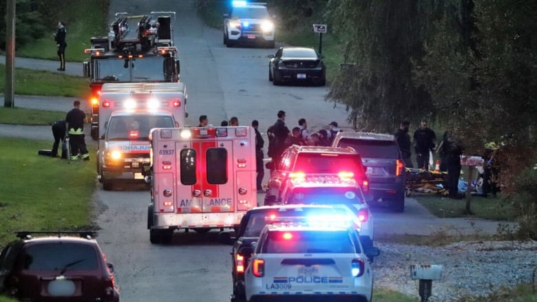 A series of police and emergency vehicles are pictured on a rural street.