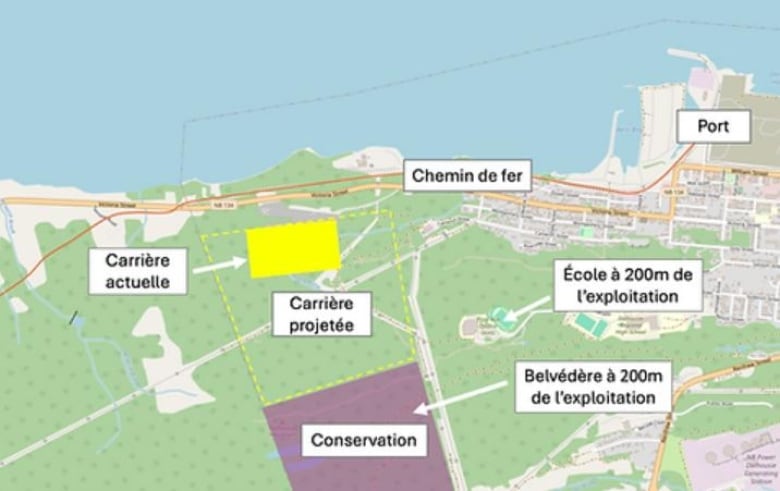 A map shows the town of Dalhousie, a small area filled in yellow and a much larger area outlined in yelllow.