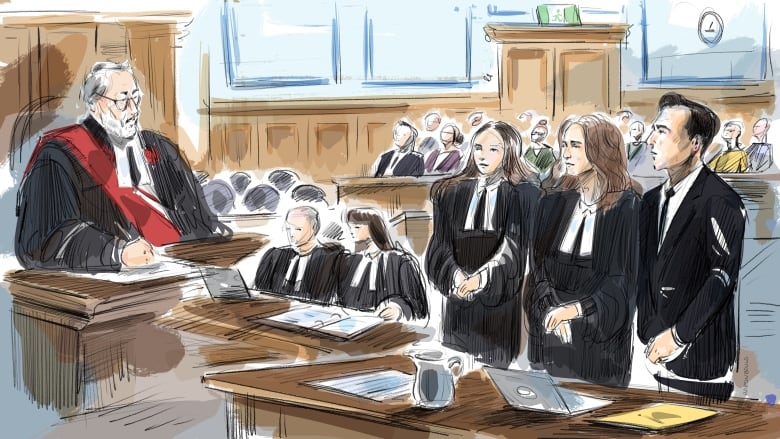 A sketch of a courtroom scene.