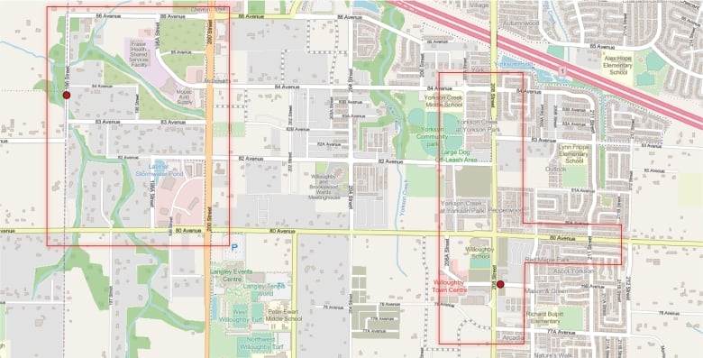 An overhead map of Langley, with red boxes around the area of 196 Street / 84 Avenue and 208 Street / 78 Avenue.