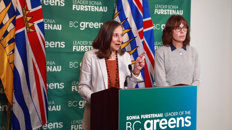 Two women at a podium.