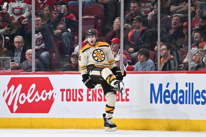 A male ice hockey player yells in celebration during a game while lifting his right leg as fans look on from behind the glass.