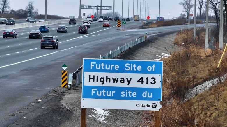 A sign promoting a future spot on the proposed Highway 413 is seen in King City, Ont., in a photo taken in December 2023.