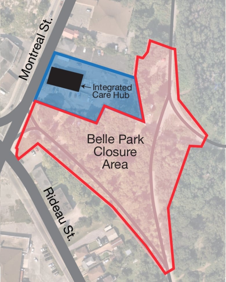 A map showing part of Belle Park around the Integrated Care Hub. A slightly triangular shape is highlighted red to show which section will be closed.