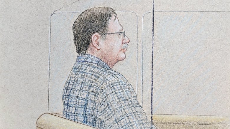 A court sketch of Adrian Schmid inside the prisoner's box.