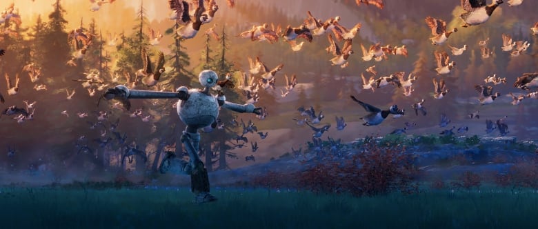 A frame from the movie animated in a painterly style showing a running robot and flying geese. 