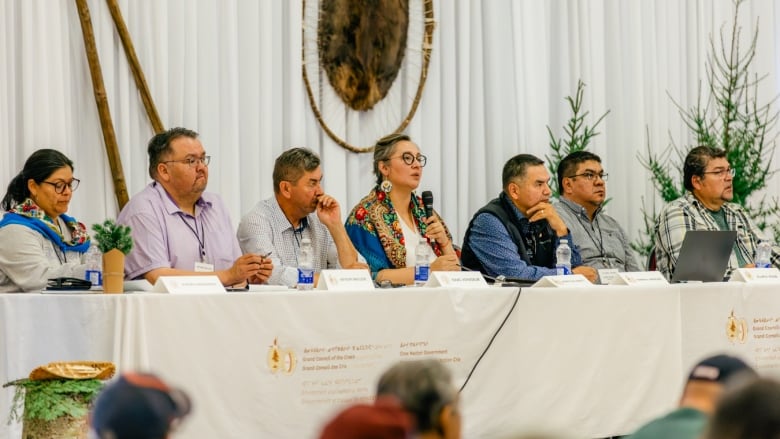 A group of Cree leaders sits at a long table, speaking to a group of landusers