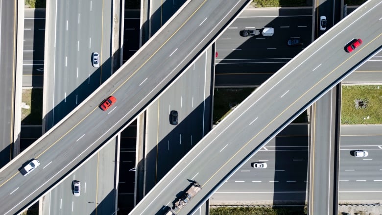 A drone shot of highways overlapping. 