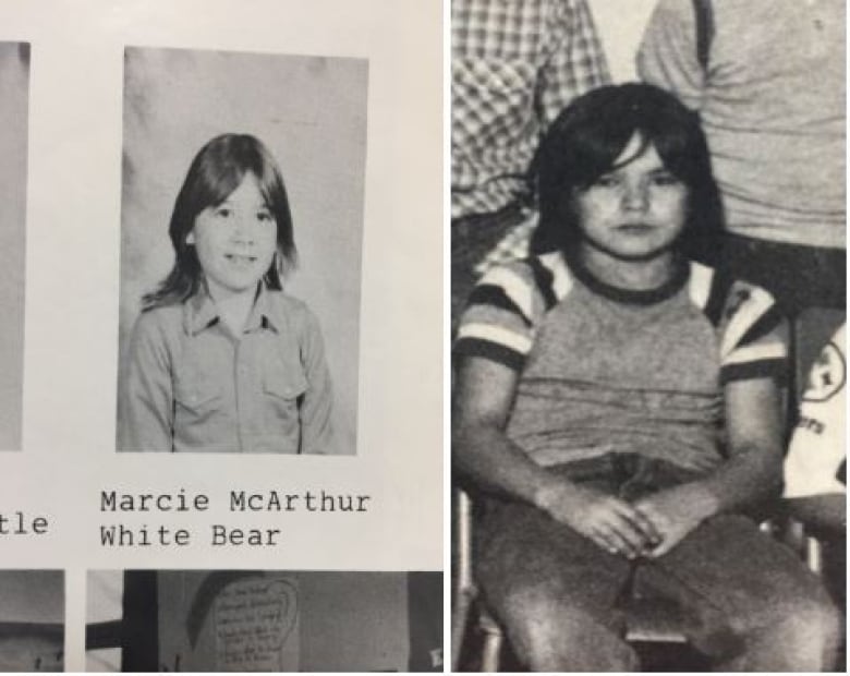 A young girl and boy pose for school photos that are non-colored.