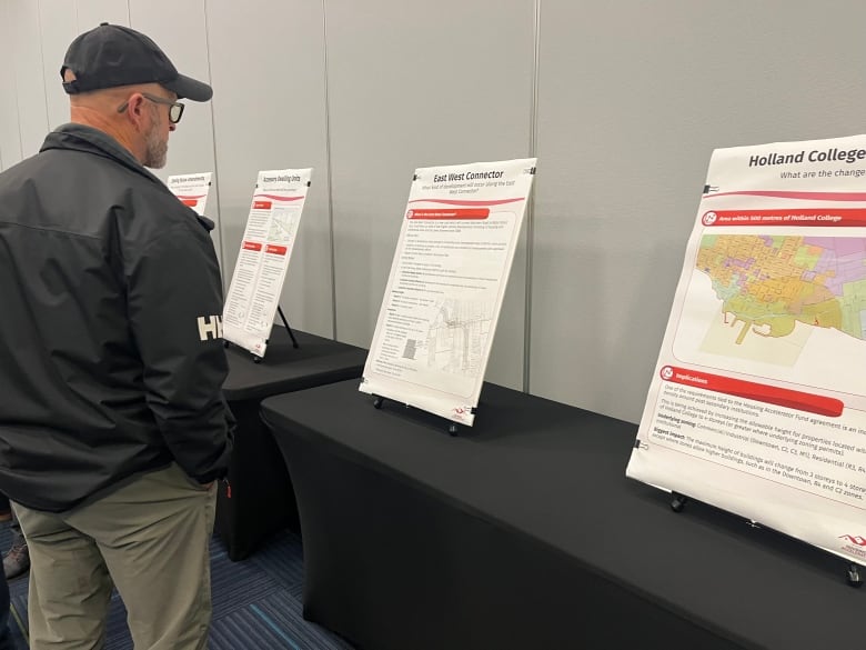 A man in a black coat looks at posters on the wall.