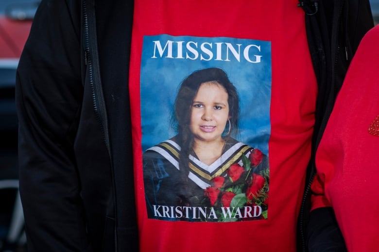 A red jacket or shirt displays a picture of a young Indigenous woman with the words Missing atop her picture and Kristina Ward below it.