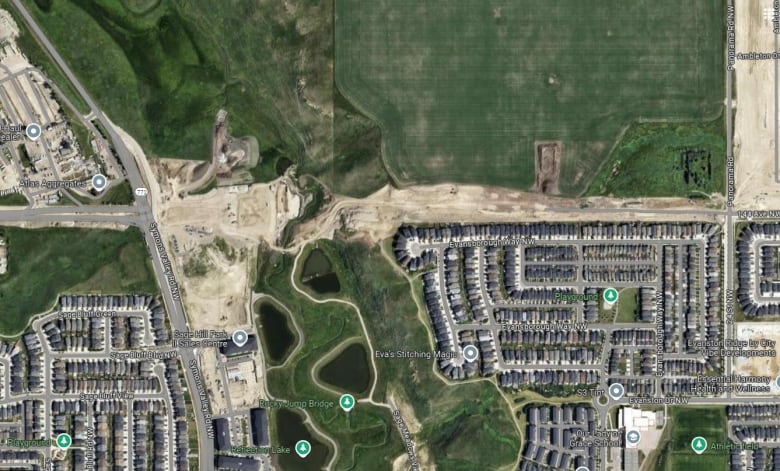 Satellite photo shows roads and construction areas in north Calgary.