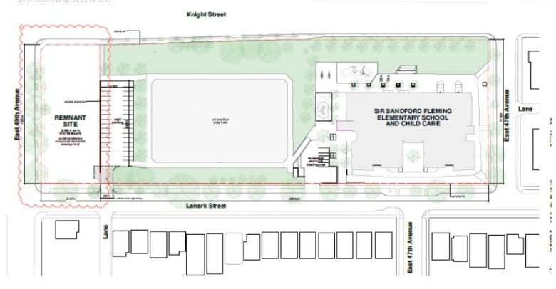 A schematic map of an elementary school site. A portion to the left of the school is marked with a red curved rectangle and marked 'Remnant site'.