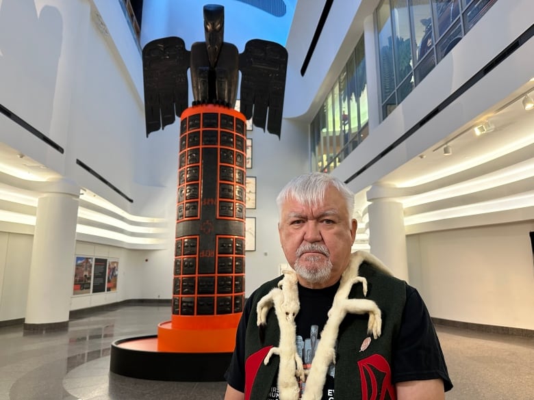 Stanley C. Hunt and the Indian Residential School Memorial Monument inside the Canadian Museum of History in Gatineau on Sept. 27, 2024