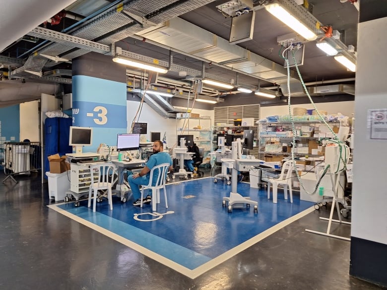 Three levels underground,  the disabled parking spaces have been transformed into a hospital nursing station at the Rambam hospital in Haifa.