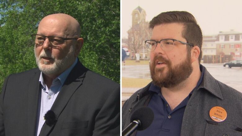 A two-pane photo of a man with grey hair and a beard, left, and a man with brown hair and a beard, right.