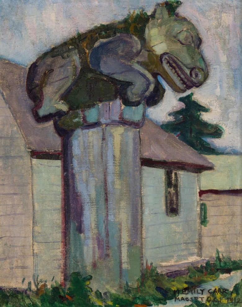 A painting of a memorial post. 