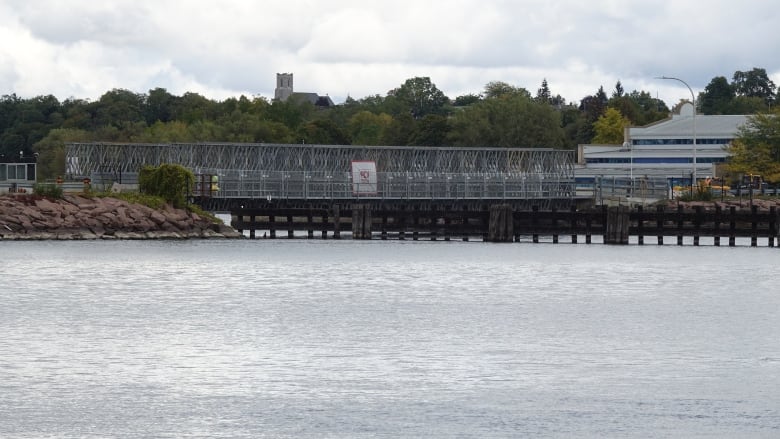 Two people in reflective shirts stand on a temporary bridge over a body of water, near the shore.